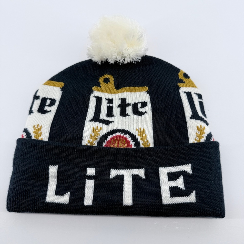 Miller Lite Beanie Mens OSFM Navy Blue Acrylic Pom Pom Knit Beer Graphic Hat - Picture 8 of 12